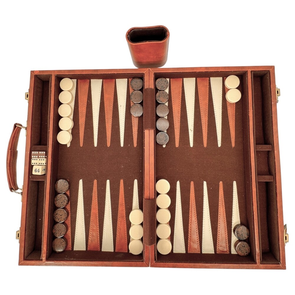 Backgammon Set Brown White Checkers Leatherette Case Complete but 1 Shaker Rules
